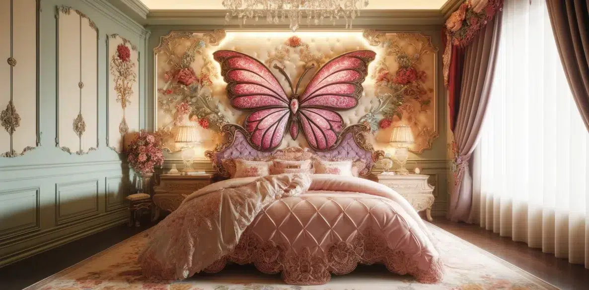 Chic Feminine Butterfly Bedroom Interior featuring butterfly wall art