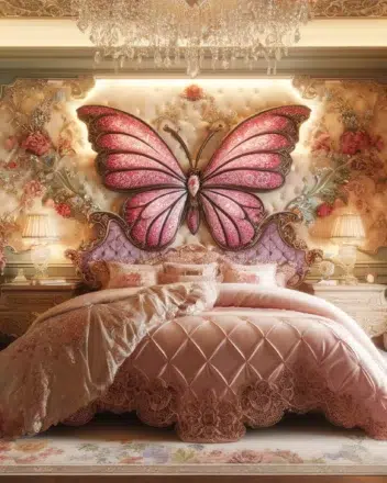 Chic Feminine Butterfly Bedroom Interior featuring butterfly wall art