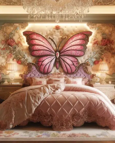 Chic Feminine Butterfly Bedroom Interior featuring butterfly wall art