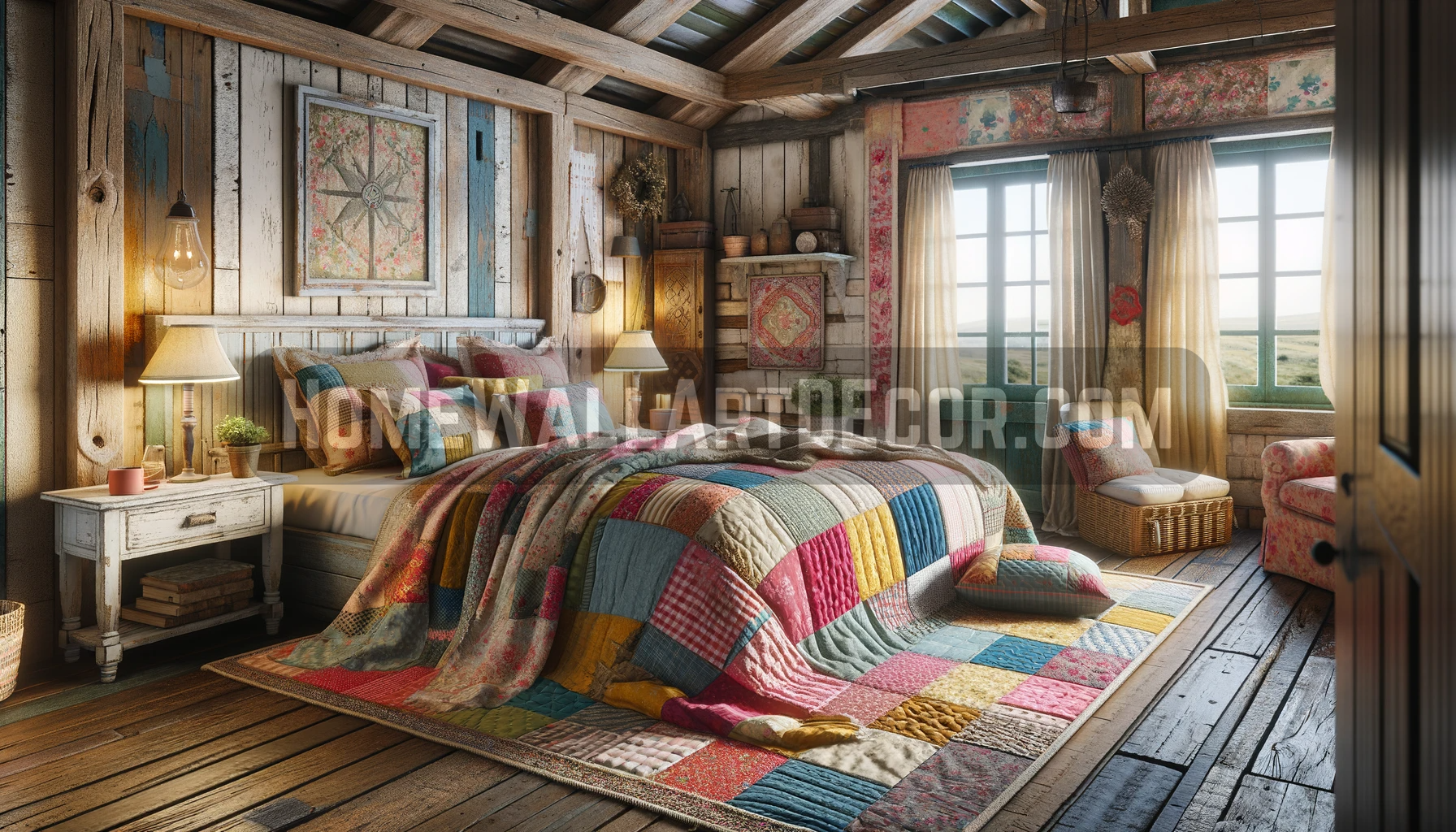 Farmhouse Bedroom Featuring Distressed Wood