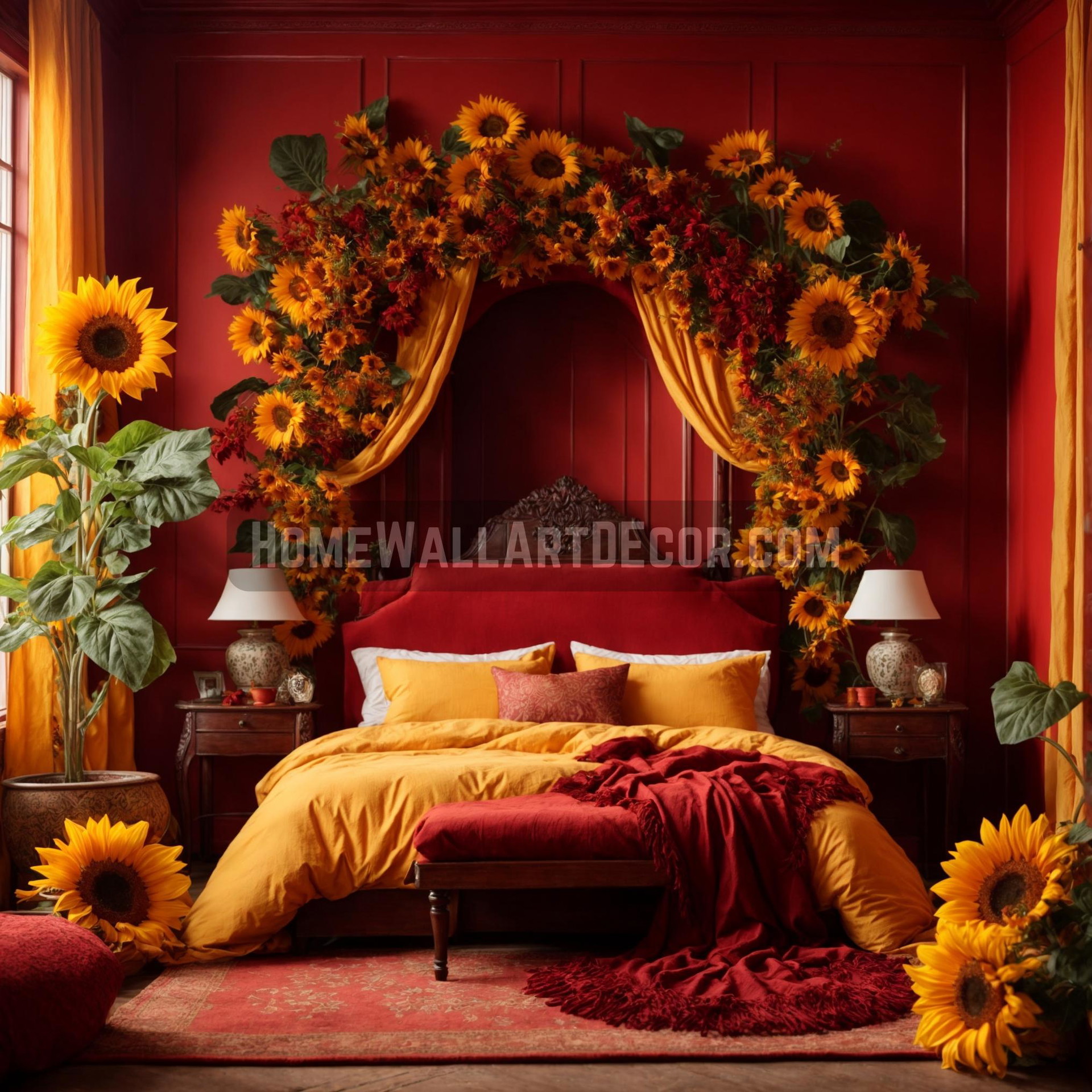 Autumnal Oasis: A Crimson Retreat Adorned with Sunflower Splendor