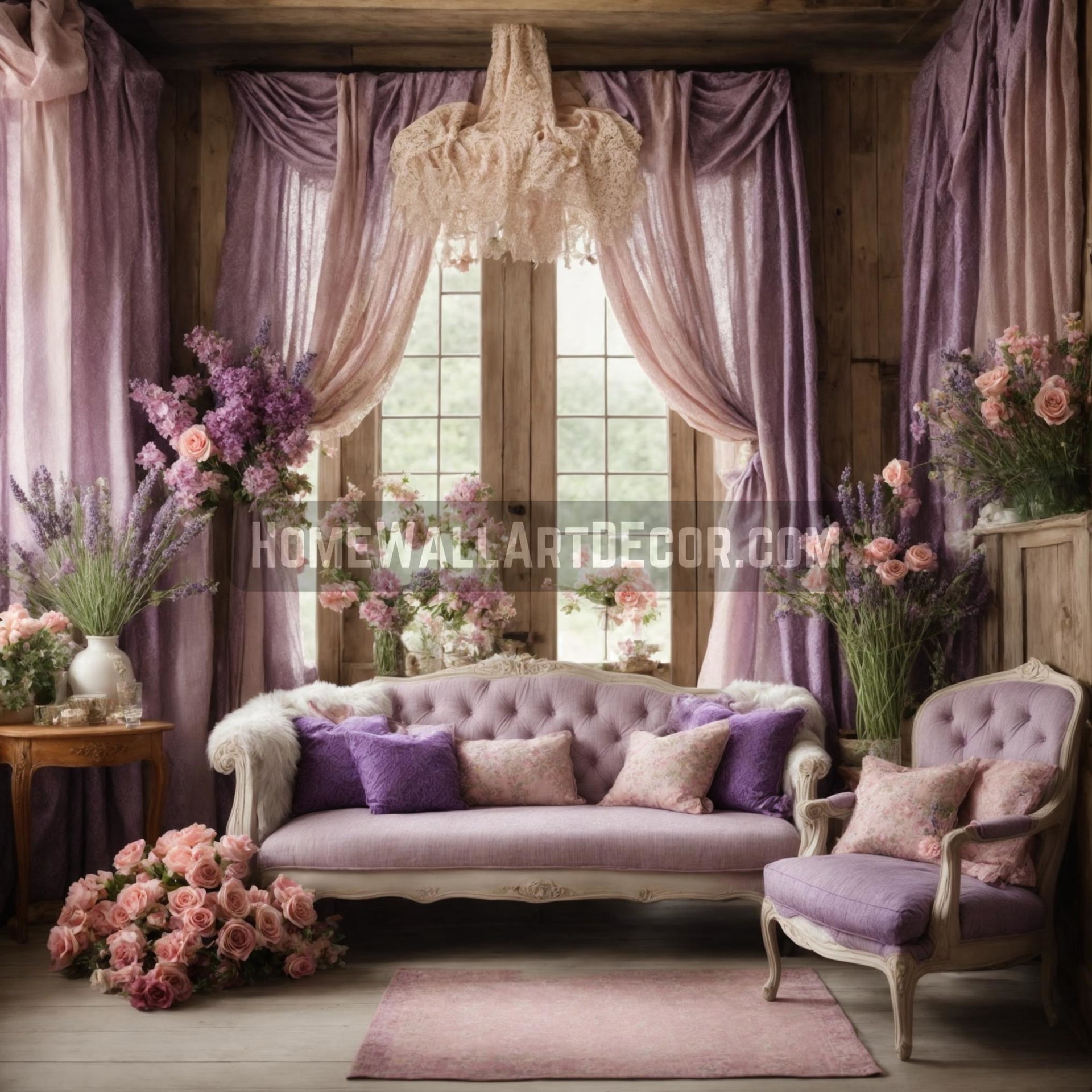 Elegant Distressed Wood Purple Shabby Chic Living Room