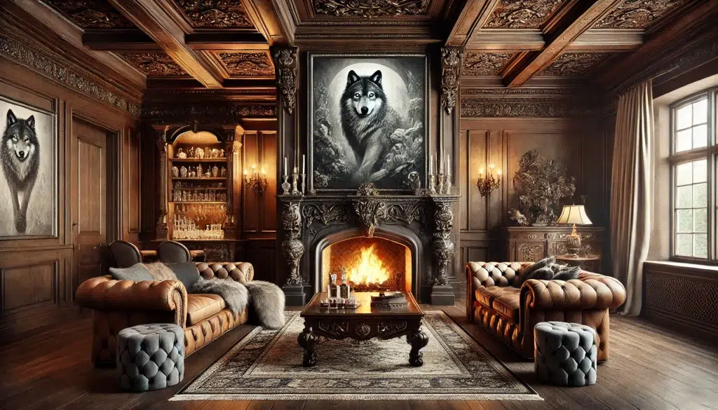 Majestic Wolf Wall Art: A Cozy and Ultra-Luxurious Hunting Lodge Living Room