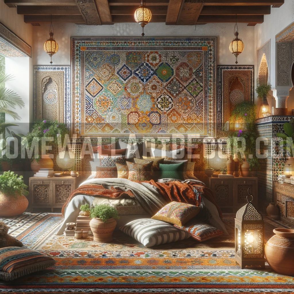 Moroccan Bedroom Haven with Zellige Mosaic Wall Art