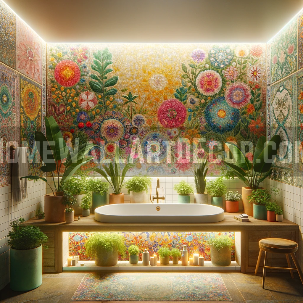 Enchanted Garden Bathroom with Floral Mosaic Wall Art