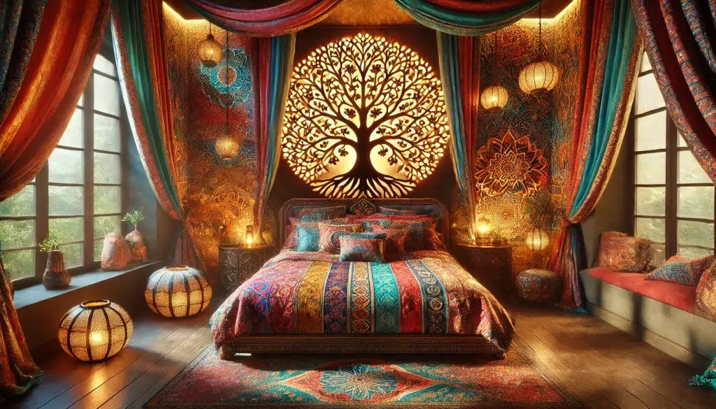 Dreamy Opulent Bedroom Featuring Tree of Life Wall Decor