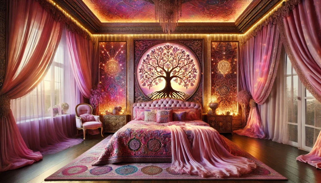 Dreamy Opulent Bedroom in Pink and Purple Featuring Tree of Life Wall Decor