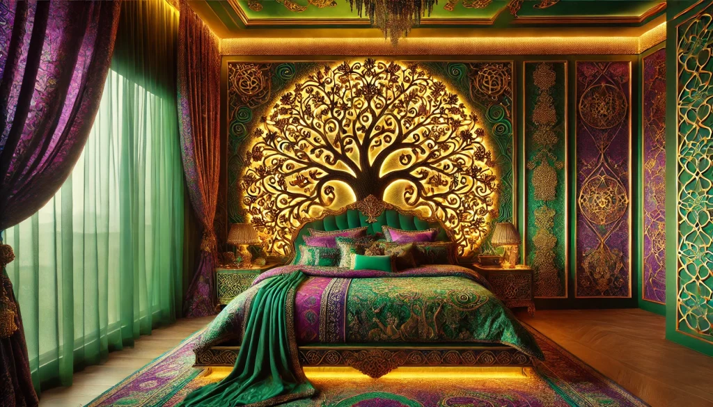 Luxurious Tree of Life Wall Decor in a Lavish Green, Purple, and Gold Dreamscape