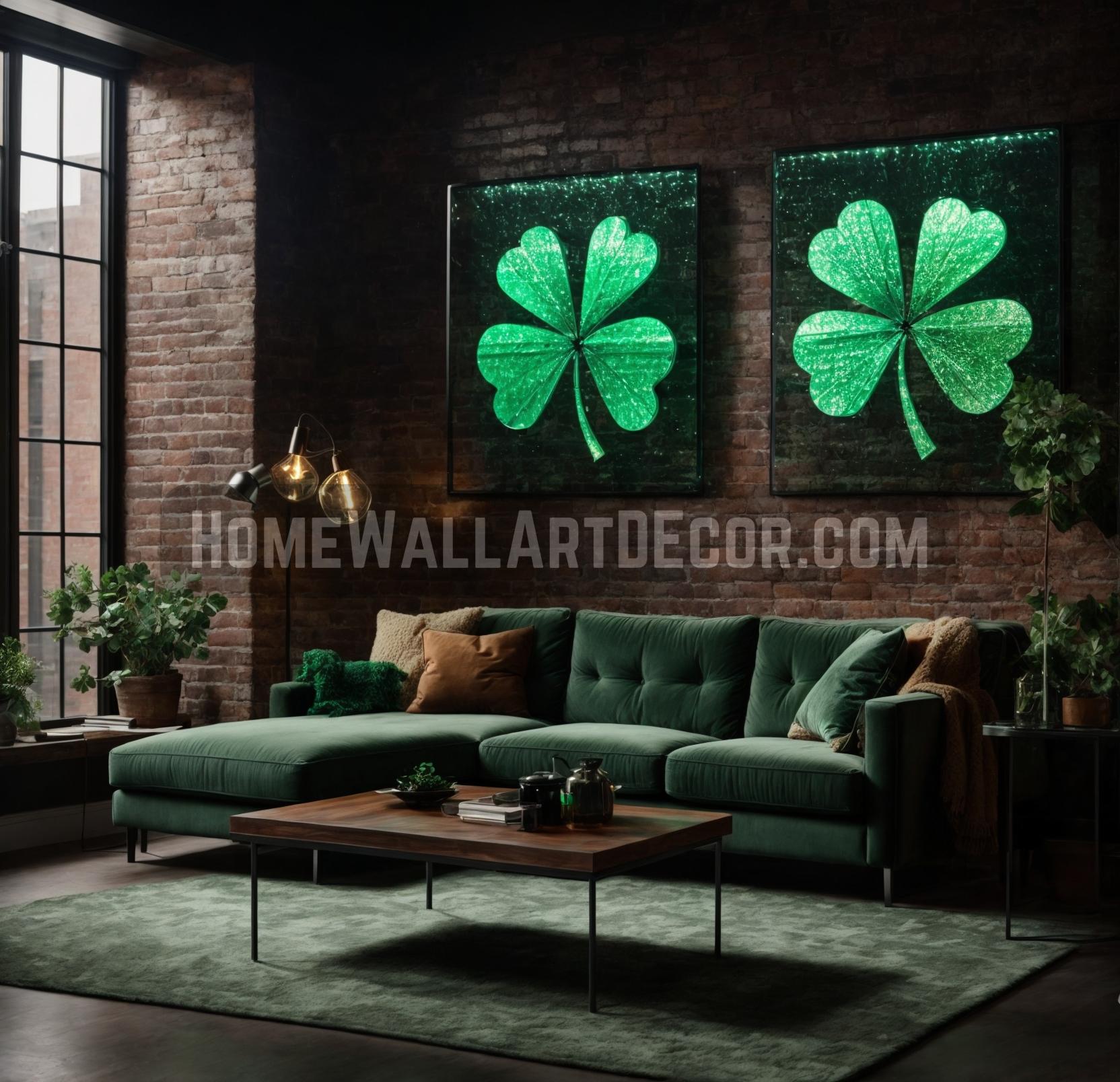 Exposed brick living room featuring St. Patrick’s Day Wall Art