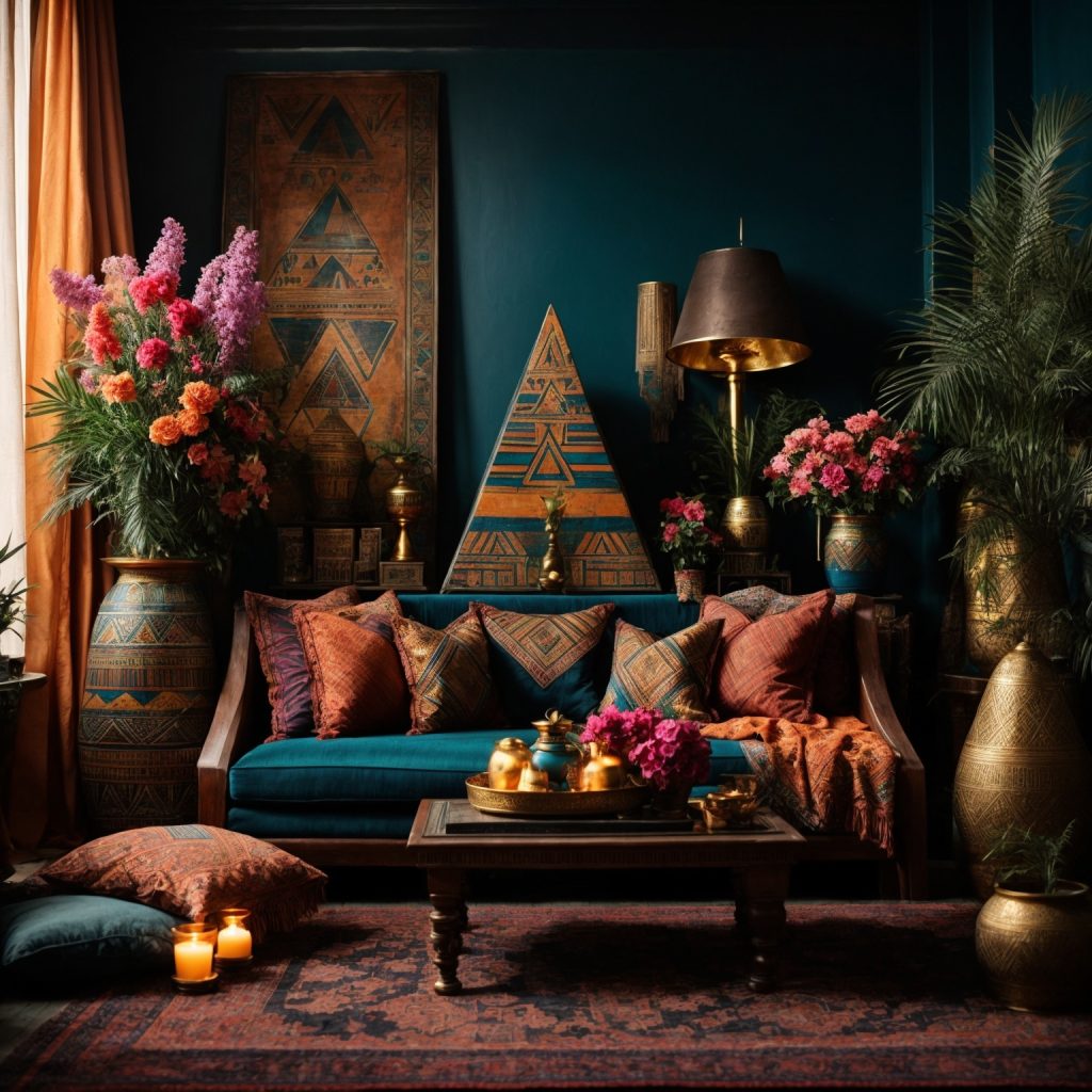 Egyptian Themed Living Room Featuring Egyptian Wall Art