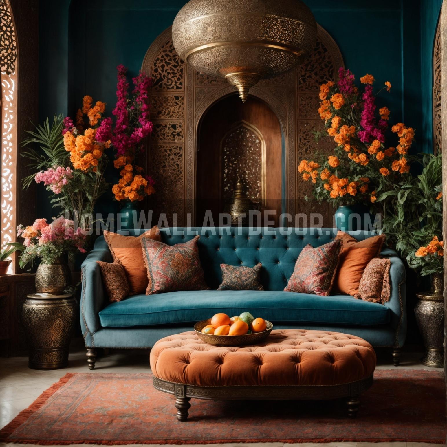 opulent Moroccan Living Room with vibrant metal floral wall art and lush flowerss