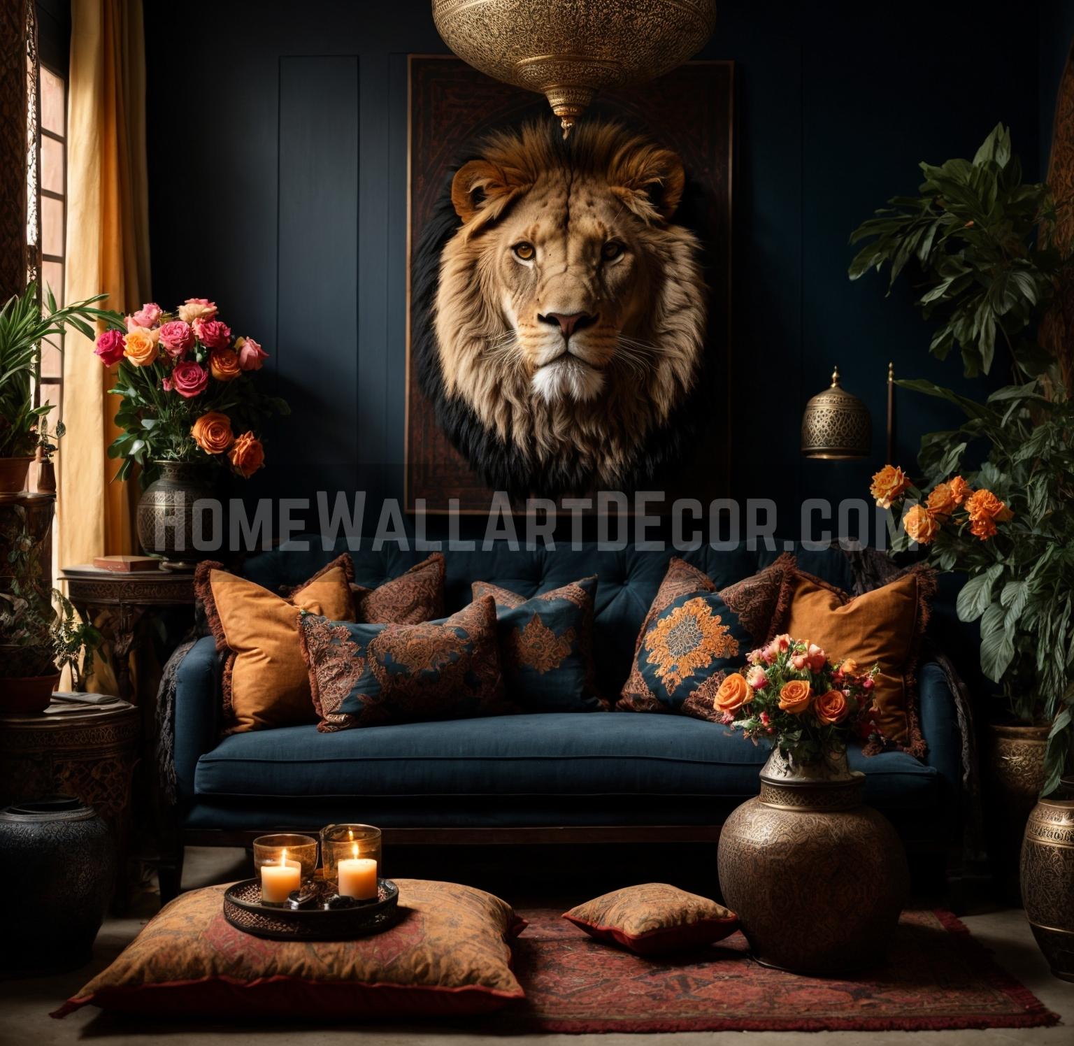 A Royal Refuge Infusing Lion Wall Art into a Luxurious Eastern-Inspired Retreat