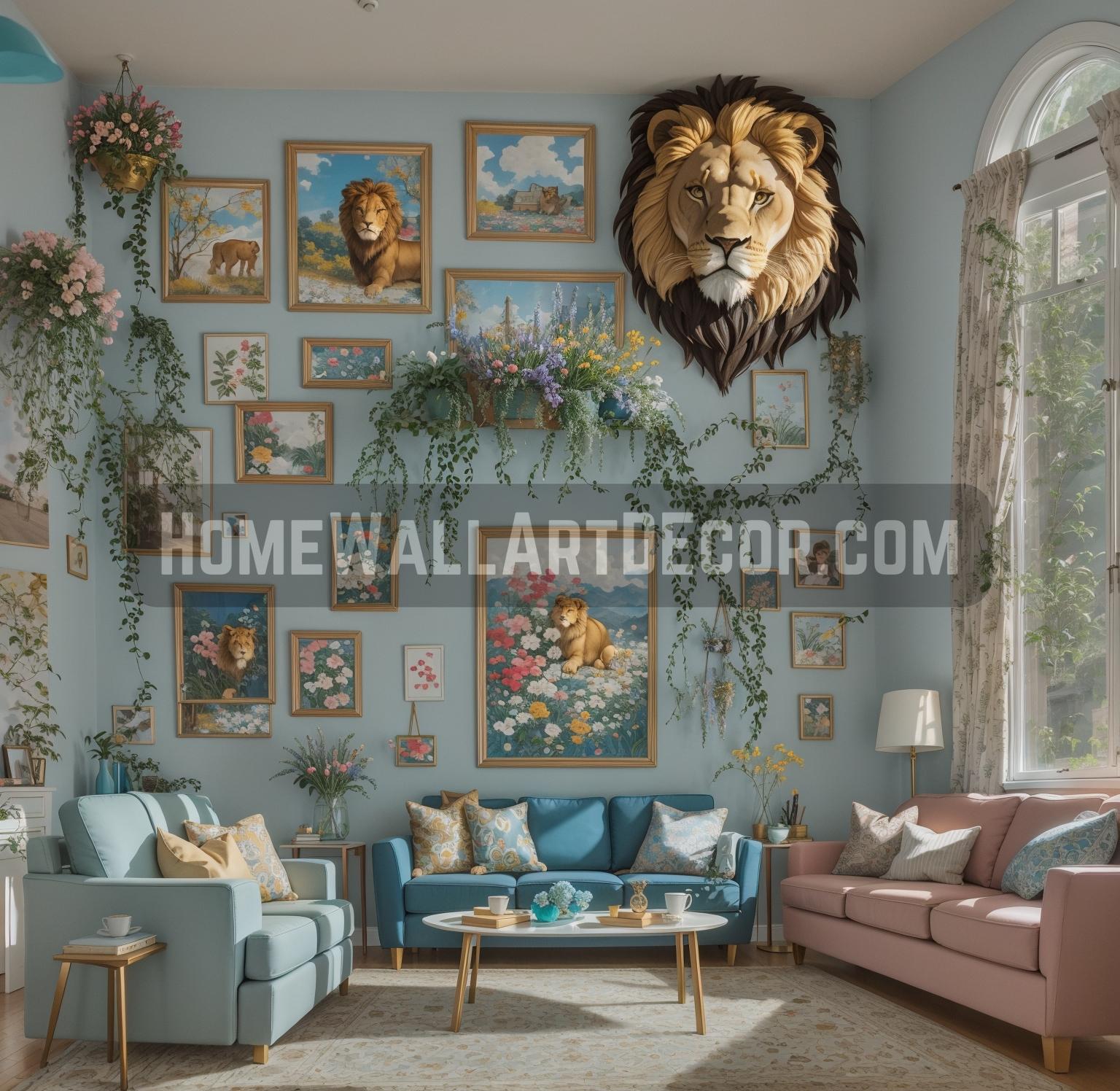 Beautiful color filled Living Room with Lion Wall art and lush flowers