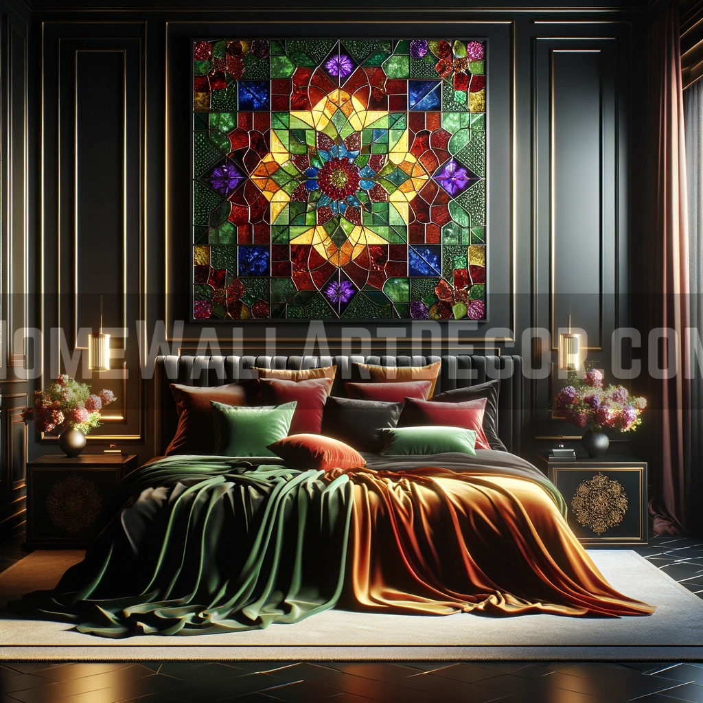 Colorful Stained Glass Bedroom Featuring Geometric Wall Art
