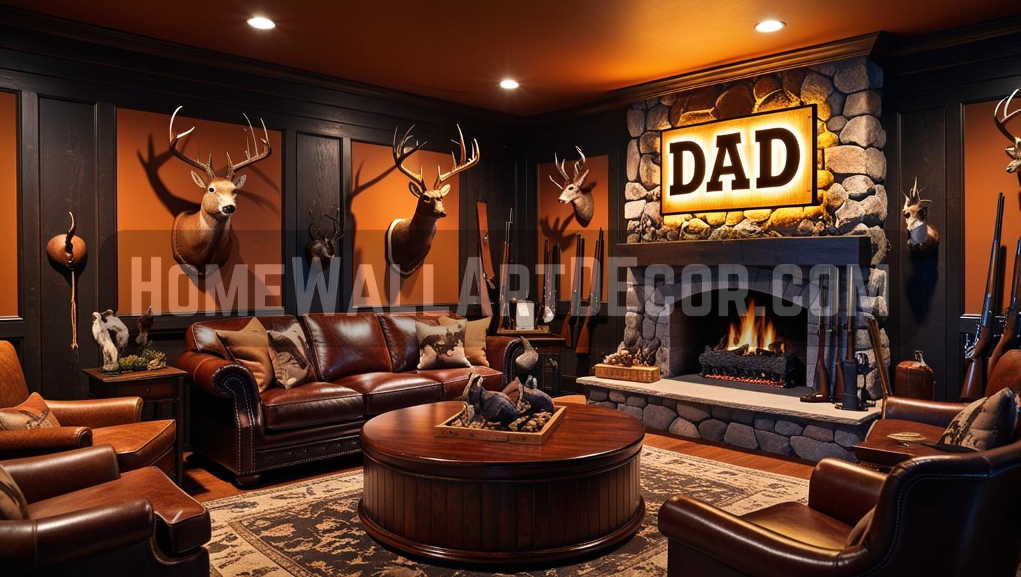 Rustic Hunting Lodge Man Cave Featuring Glowing Dad Wall Art