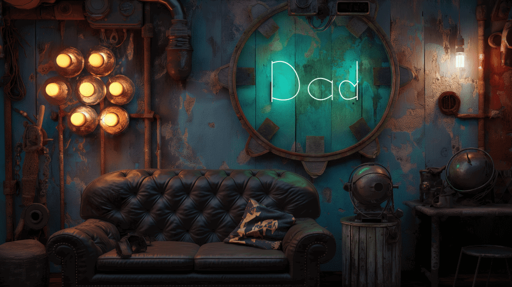 Industrial Shipwreck-Themed Man Cave Featuring Neon Dad Wall Art