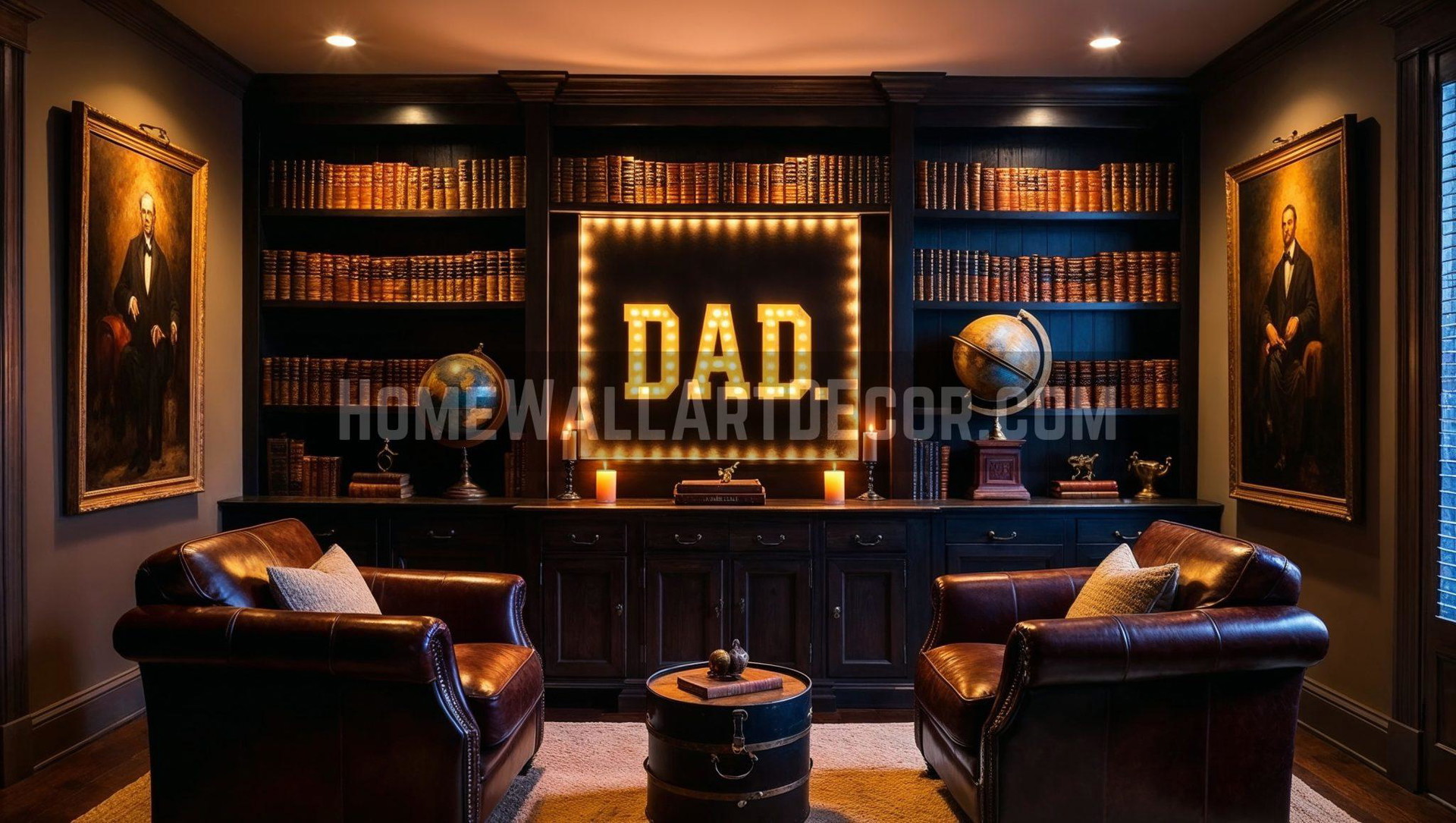 Classic Library Man Cave Featuring Illuminated Dad Wall Art