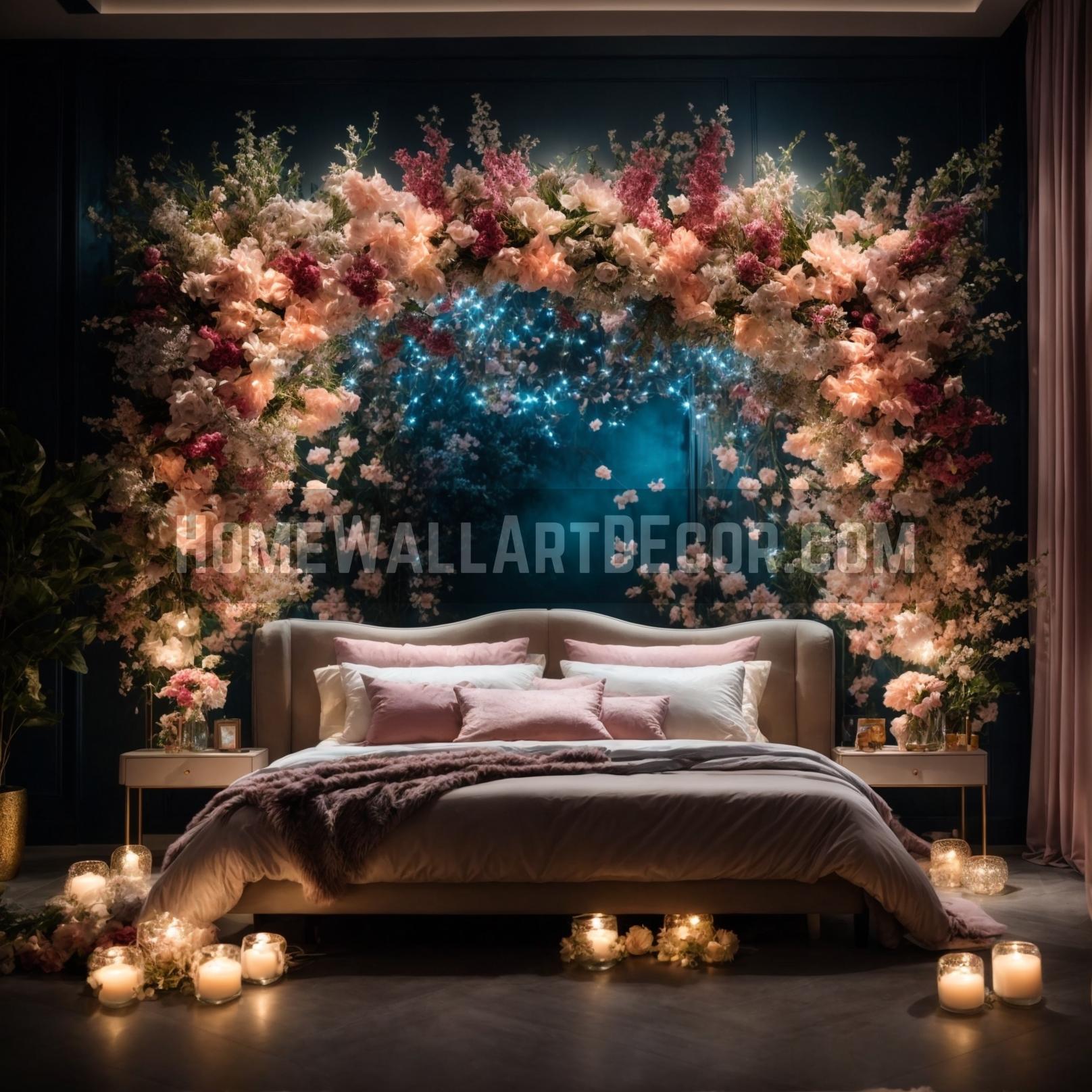 Blossoming Dreams: A Midsummer Night's Dream with LED Wall Art Imagine the soft caress of a midsummer night's breeze whispering through a garden in full bloom. Now picture this enchantment within the intimate sanctuary of your bedroom. Illuminated wall decor possesses the ethereal power to transport your senses to such realms, and this bedroom is a testament to that. This exquisite bedroom is where flora and LED wall art conspire to create a dreamscape. A majestic wall installation of cascading flowers and foliage serves as the centerpiece. The delicate blossoms, in hues of pink, white and peach, are accentuated by a gossamer cascade of LED lights that seem to capture the twinkling of stars. This harmonious medley makes the wall come alive, as if it were a portal to an enchanted garden. But what truly sets this illuminated wall decor apart is the meticulous arrangement of the LED lights, seamlessly interwoven amongst the foliage. The lights follow a meandering trail, much like fireflies in the night, and pool into a sparkling cluster that evokes the sense of peering into a magical woodland glade. When incorporating such LED room decorating ideas, it is essential to balance the vibrancy of the wall art with subtlety in the other elements of the room. Notice how the deep navy blue walls frame the installation like the night sky, making the colors pop while maintaining a soothing ambiance. The plush bedding in soft pink hues compliments the blossoms while inviting you to sink into its embrace. The floor is adorned with flickering candles, enhancing the dreamy atmosphere and drawing attention to the wall art without competing with it. The choice of side tables and other accessories is minimalist, allowing the illuminated wall decor to reign supreme. The final touch is the artful placement of real plants at the base of the installation, blurring the lines between the artwork and reality. This integration is a masterstroke, making the LED wall art an organic part of the room. In a nutshell, this bedroom transports you to Shakespeare’s A Midsummer Night’s Dream, where fantasy and reality are but a breath apart. It embodies the pinnacle of LED room decorating ideas, conjuring a sanctuary that isn’t just seen, but deeply felt.