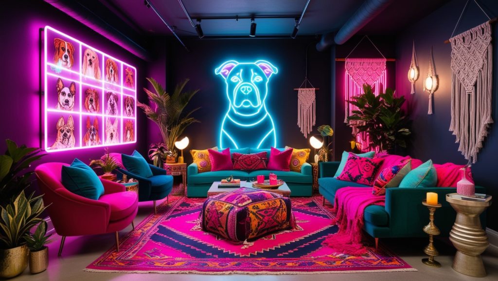 Bold Bohemian Living Room Featuring Neon Dad Wall Art