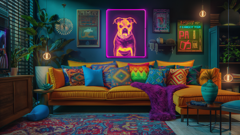 Eclectic Bohemian Living Room Featuring Vibrant Dad Wall Art