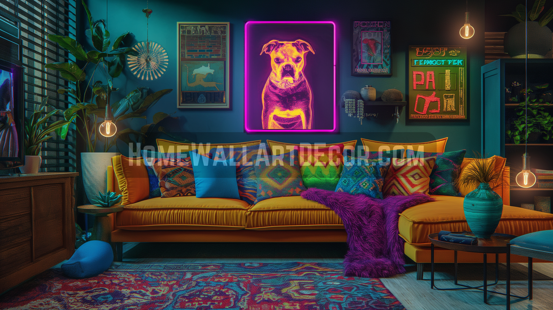 Eclectic Bohemian Living Room Featuring Vibrant Dad Wall Art