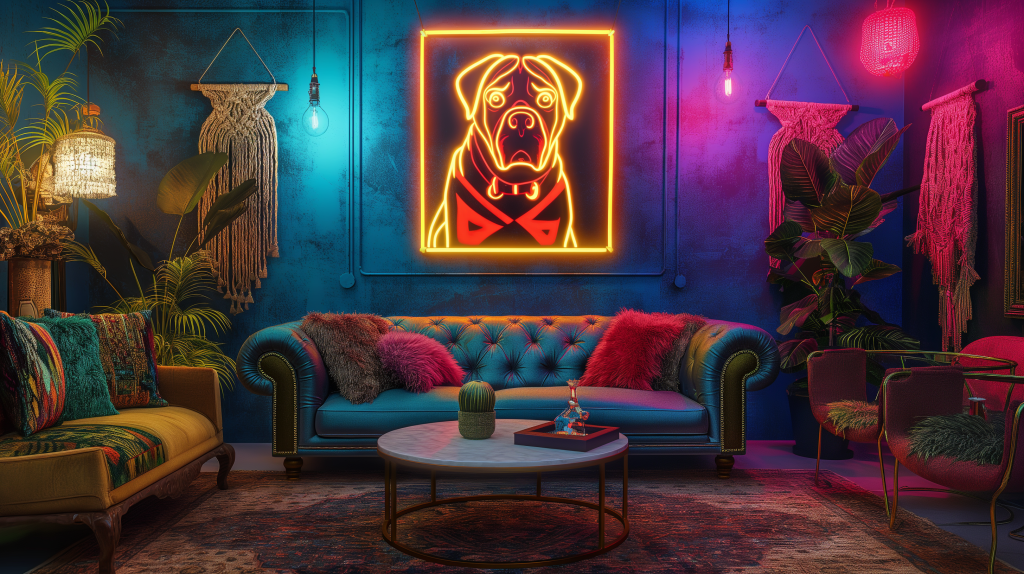 Eclectic Bohemian Living Room with Neon Dad Wall Art
