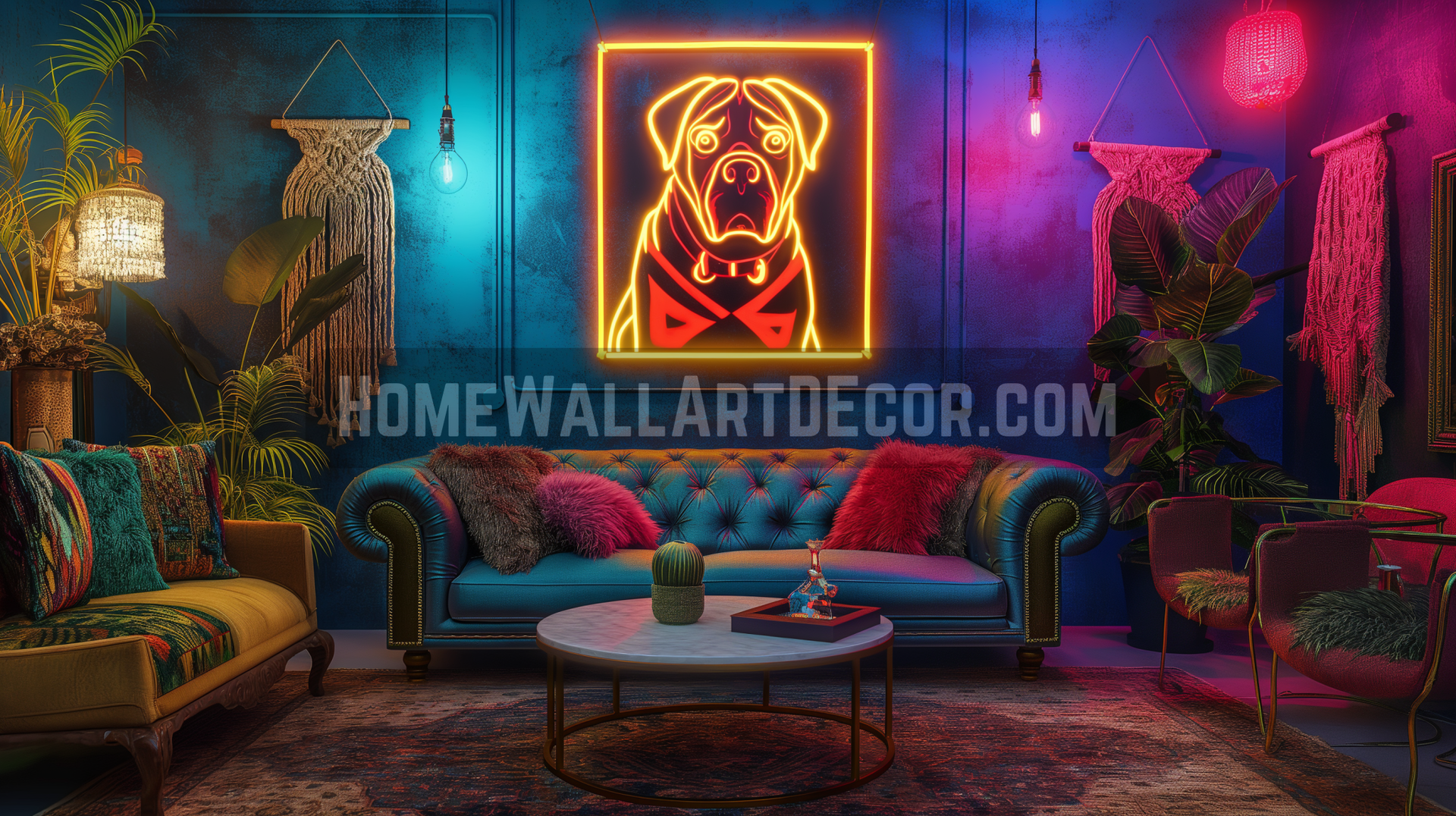 Eclectic Bohemian Living Room with Neon Dad Wall Art