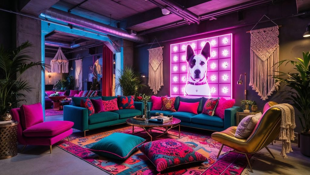 Eclectic Bohemian Loft Featuring Neon Dad Wall Art