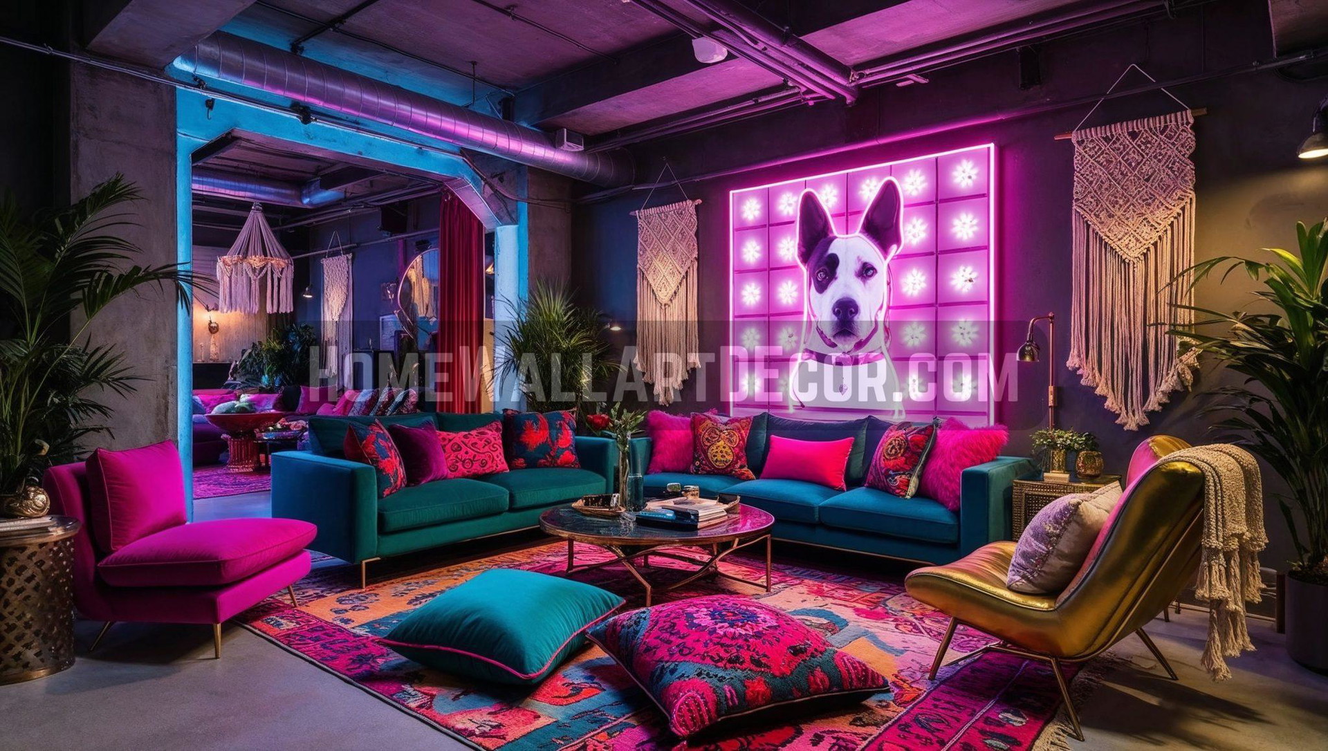 Eclectic Bohemian Loft Featuring Neon Dad Wall Art