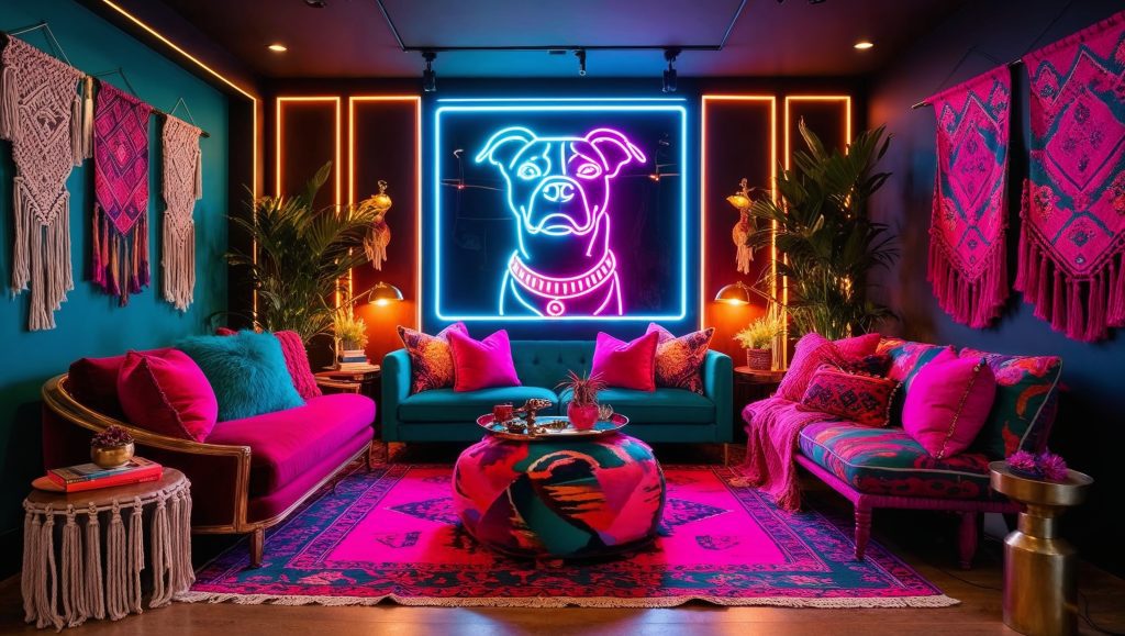 Vibrant Bohemian Living Room Featuring Neon Dad Wall Art