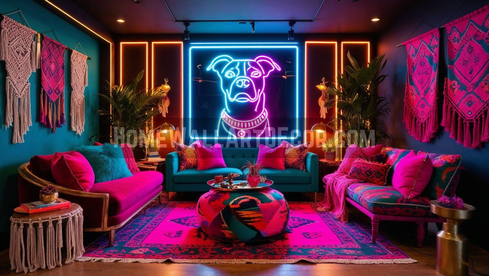 Vibrant Bohemian Living Room Featuring Neon Dad Wall Art