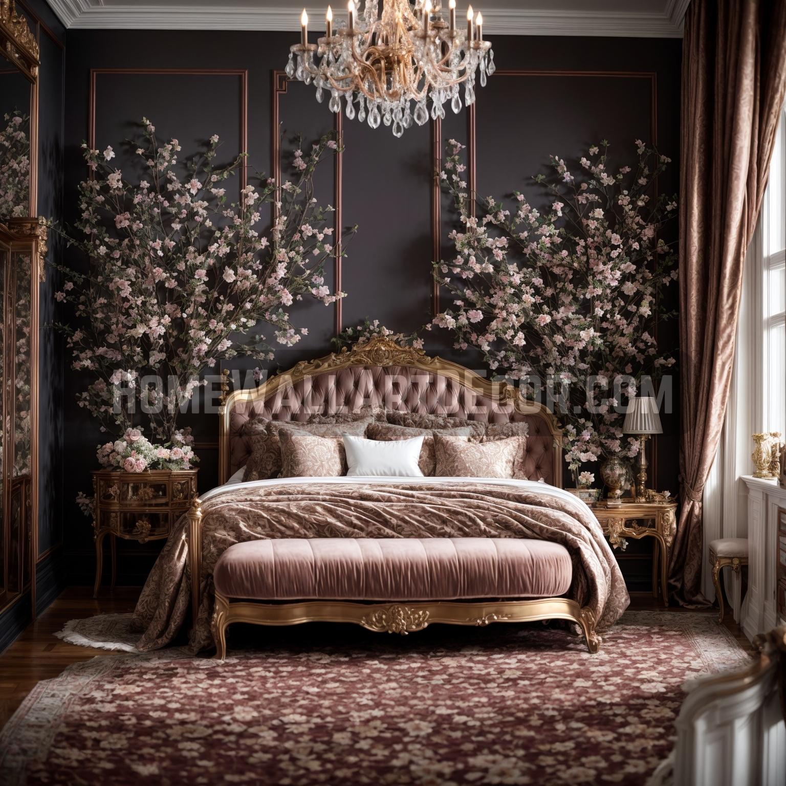 In the realm of interior design, the French Country style holds a special place for its innate ability to weave an intricate web of warmth, elegance, and rustic charm. When we talk about a bedroom, it becomes essential to curate a space that sings lullabies of comfort and romance, and in this regard, French Country wall decor plays a pivotal role. Imagine walking into a bedroom soaked in the deepest shades of mahogany, with walls that whisper stories of time gone by. This French Country bedroom captures the essence of romance and timeless beauty through its magnificent wall art and decor. The backdrop of dark, rich walls allows the elements in the room to dance in harmony. The gilt-framed wall mirrors and sconces serve as key French Country wall art pieces. They complement the royal ambiance and create a sense of depth in the room. The chandelier adds to the lyricism with its crystals, which flicker like stars in a night sky. Framing the sumptuous bed are blossoming trees which ascend toward the ceiling. This wall art breathes life into the space, with blooms that seem to carry the fragrance of French gardens. The trees, painted with a delicate hand, transport you to the rustic countryside, creating a perfect balance with the opulence around. The French Country furniture in this bedroom, from the upholstered bed to the ornate side tables, is a testament to craftsmanship and detail. The rich fabrics, together with the area rug, envelope you in a cocoon of luxury. In your French Country interior decorating ideas, never forget the power of color and texture. The synergy between the mahogany walls, gold accents, and floral tapestry creates a timeless symphony that fills the room with a sense of romance and elegance that is undeniably French Country.