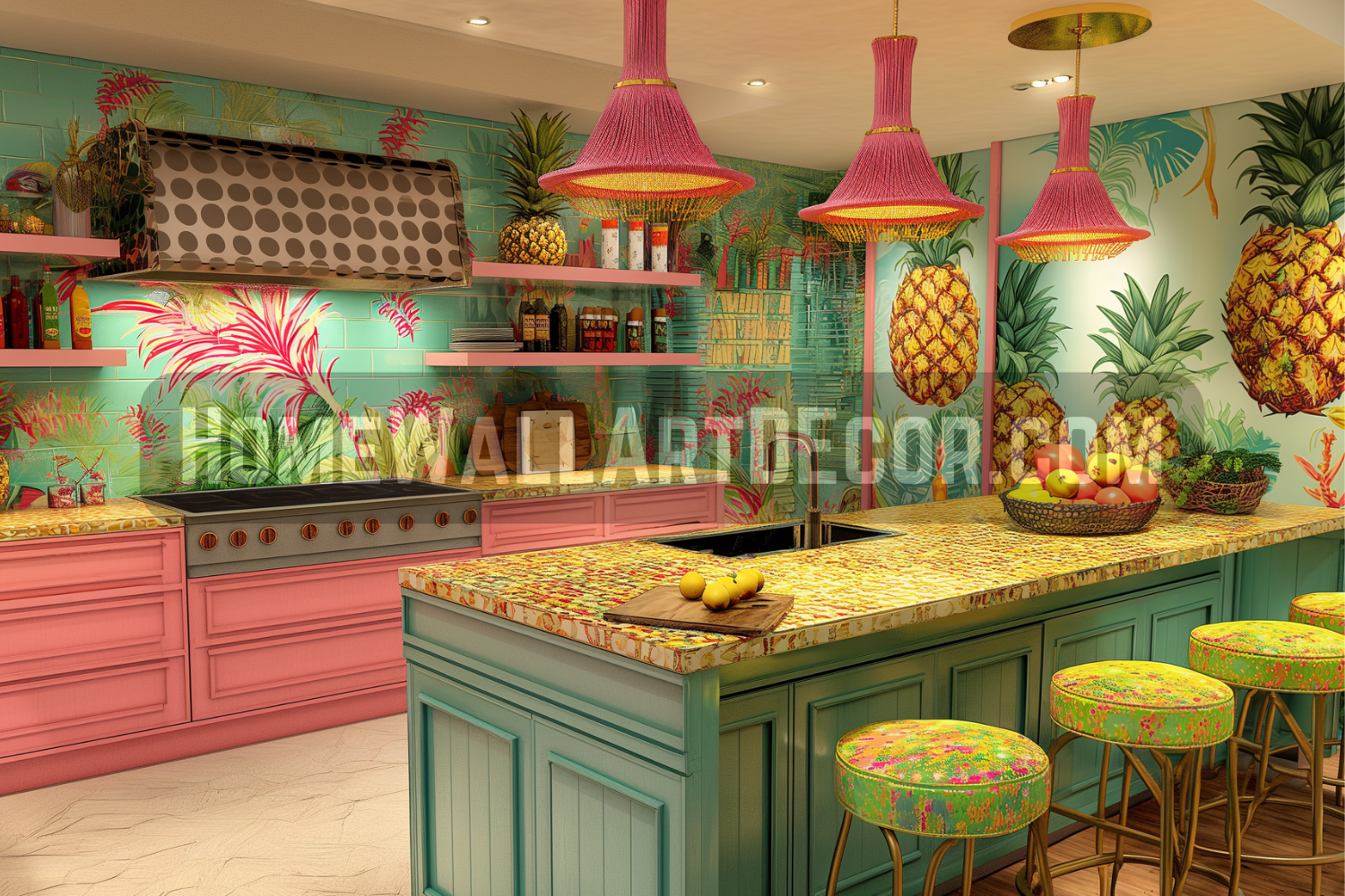 Tropical Paradise Kitchen with Bold Pineapple Wall Decor