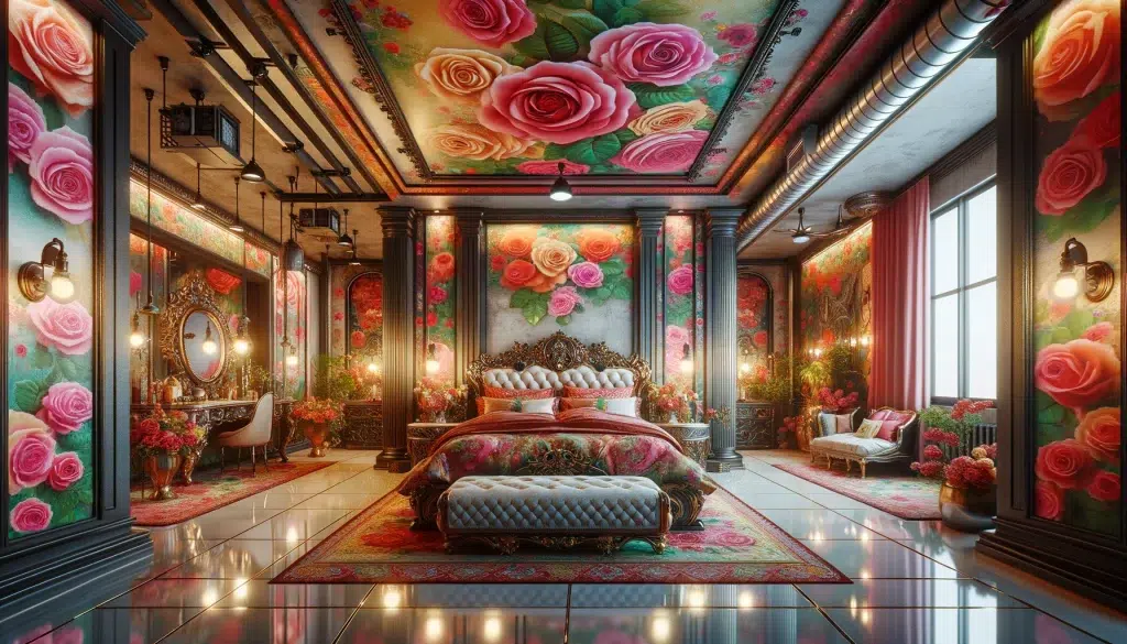 Opulent Rose-Themed Industrial Bedroom with Luxurious Charm