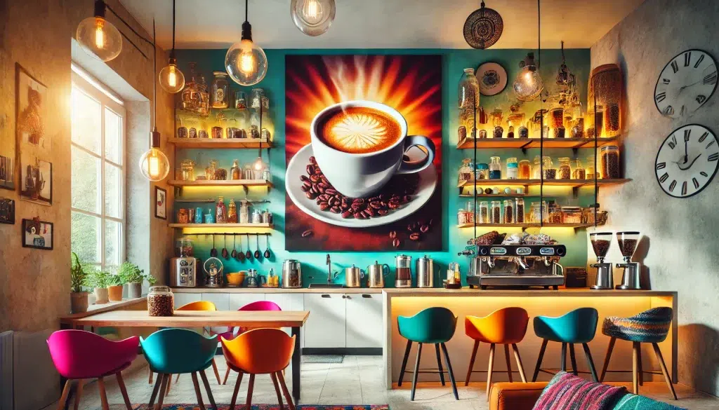 Bright and Bold Coffee Themed Kitchen featuring Coffee Wall Decor