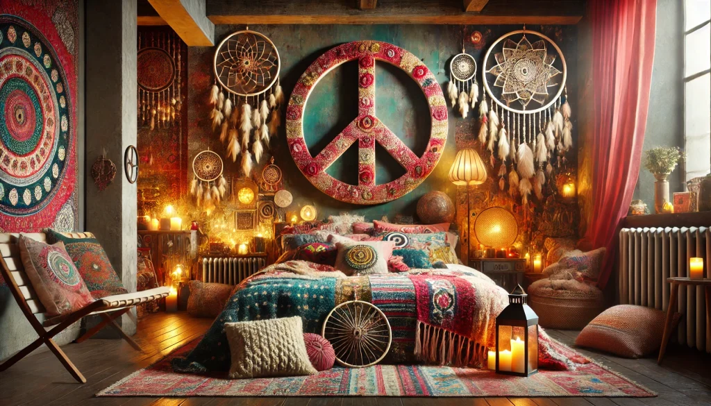 Eclectic Bohemian Bedroom Featuring Peace sign wall art