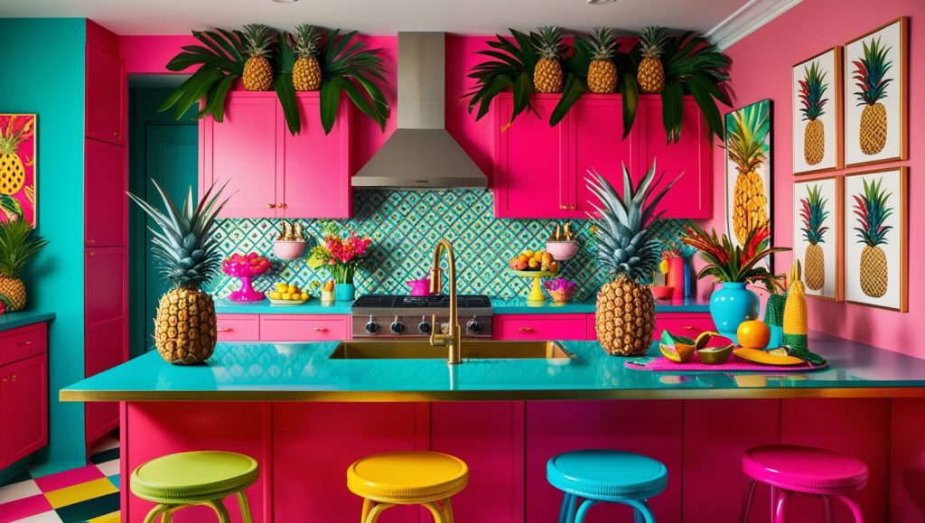 Bold and Vibrant Tropical Kitchen with Striking Pineapple Wall Decor