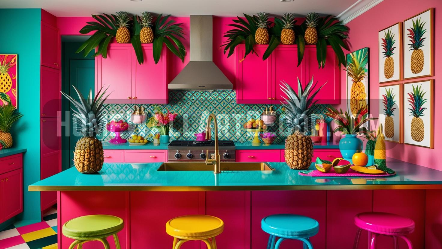 Bold and Vibrant Tropical Kitchen with Striking Pineapple Wall Decor
