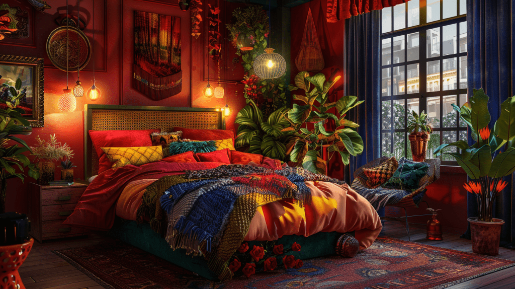 Vibrant Maximalist Industrial Bedroom with Bold Decor and Textures