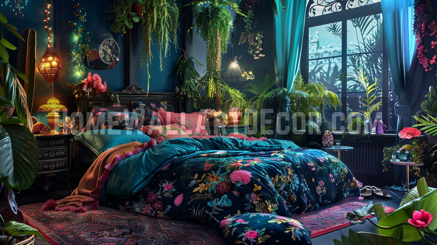 Enchanting Industrial Maximalist Bedroom with Bold Industrial Wall Art