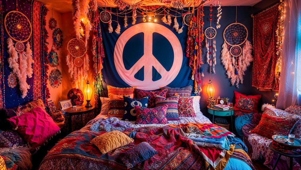 Beautiful Pink Bohemian Bedroom featuring Peace Sign Wall Art