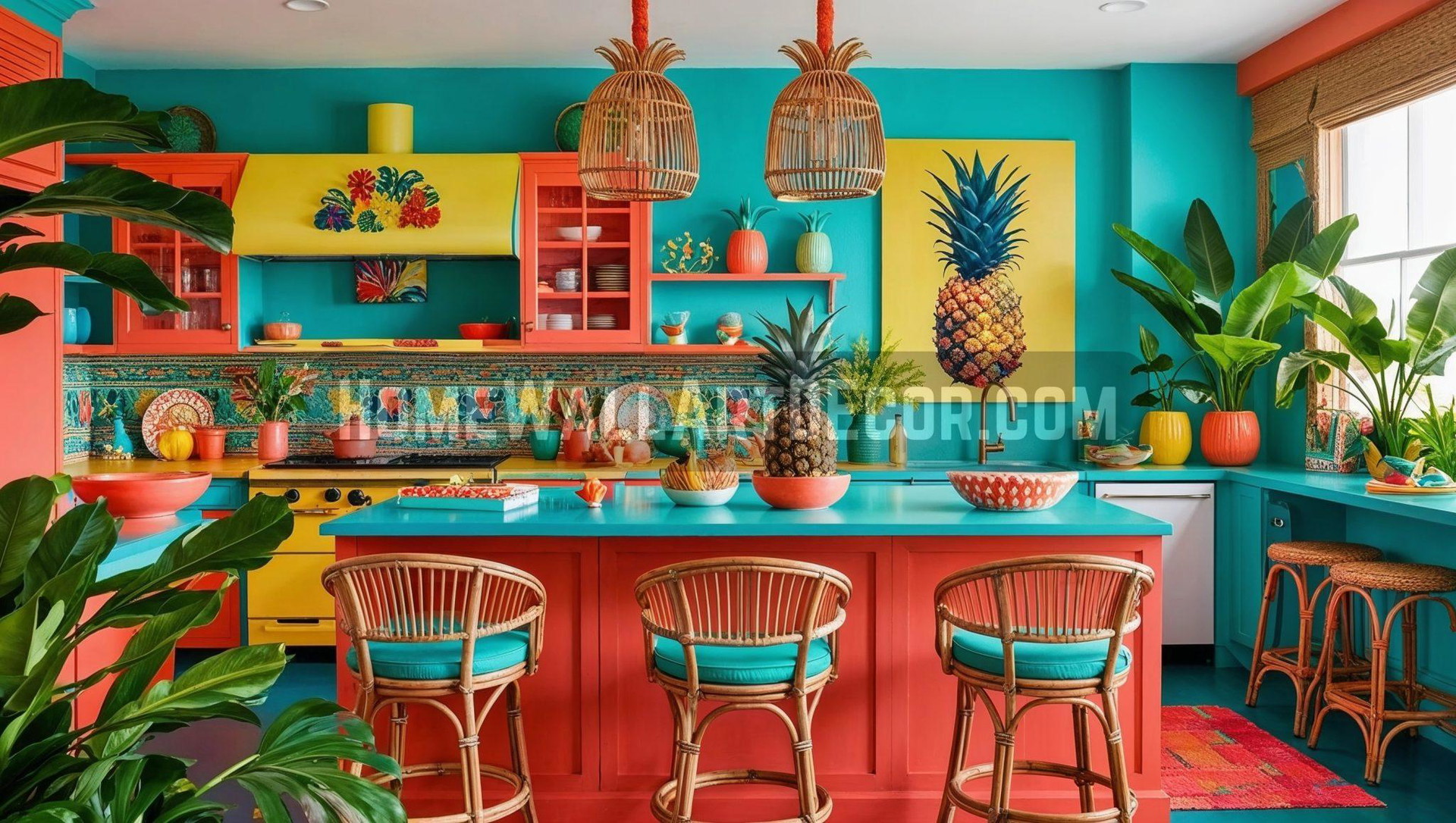 Vibrant Tropical Kitchen with Eye-Catching Pineapple Wall Decor