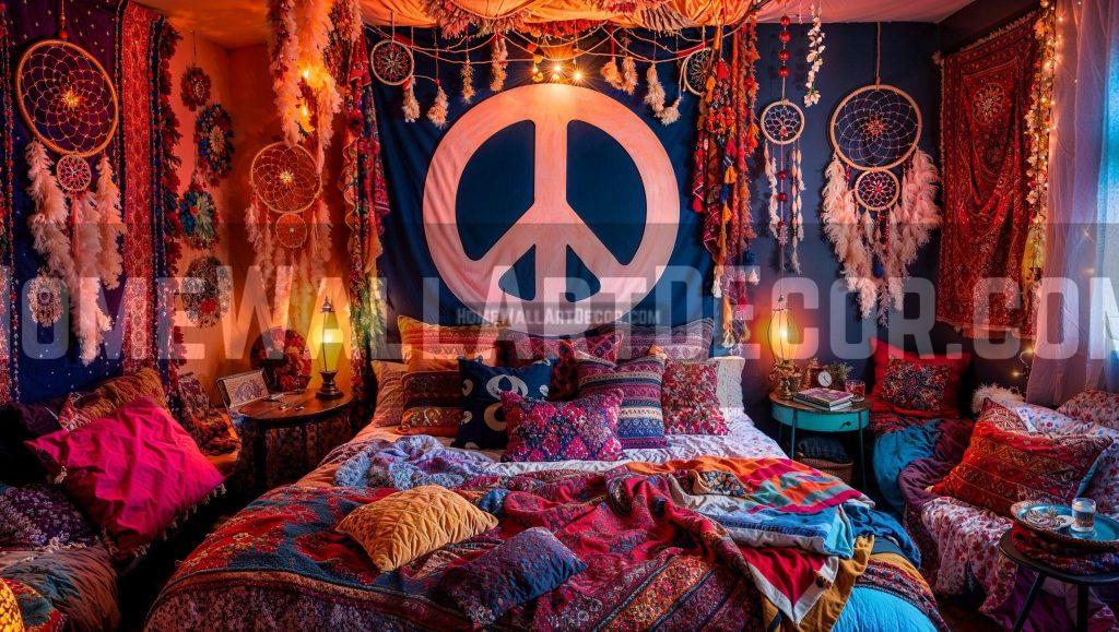 Beautiful Pink Bohemian Bedroom featuring Peace Sign Wall Art