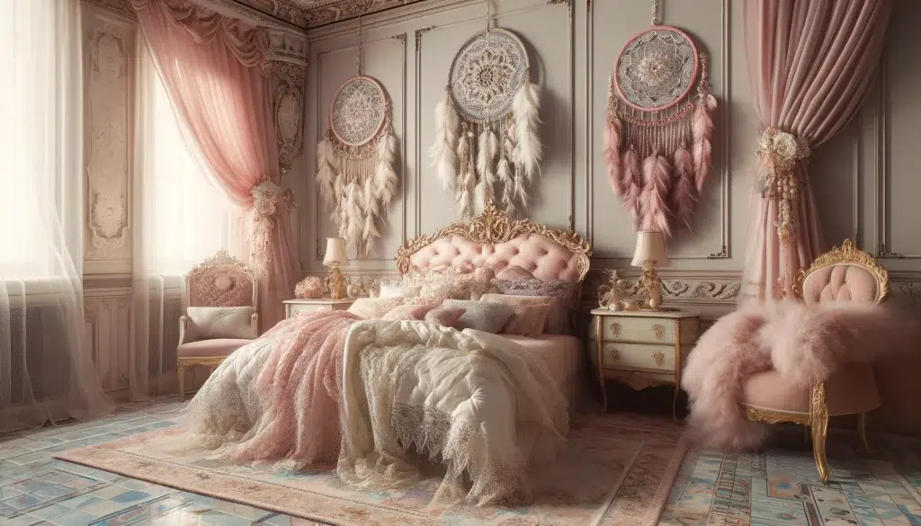 Beautiful Bedroom with Dream wall decor featuring feminine pink dreamcatchers. 