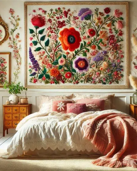 Charming bedroom featuring Embroidered Wall Art