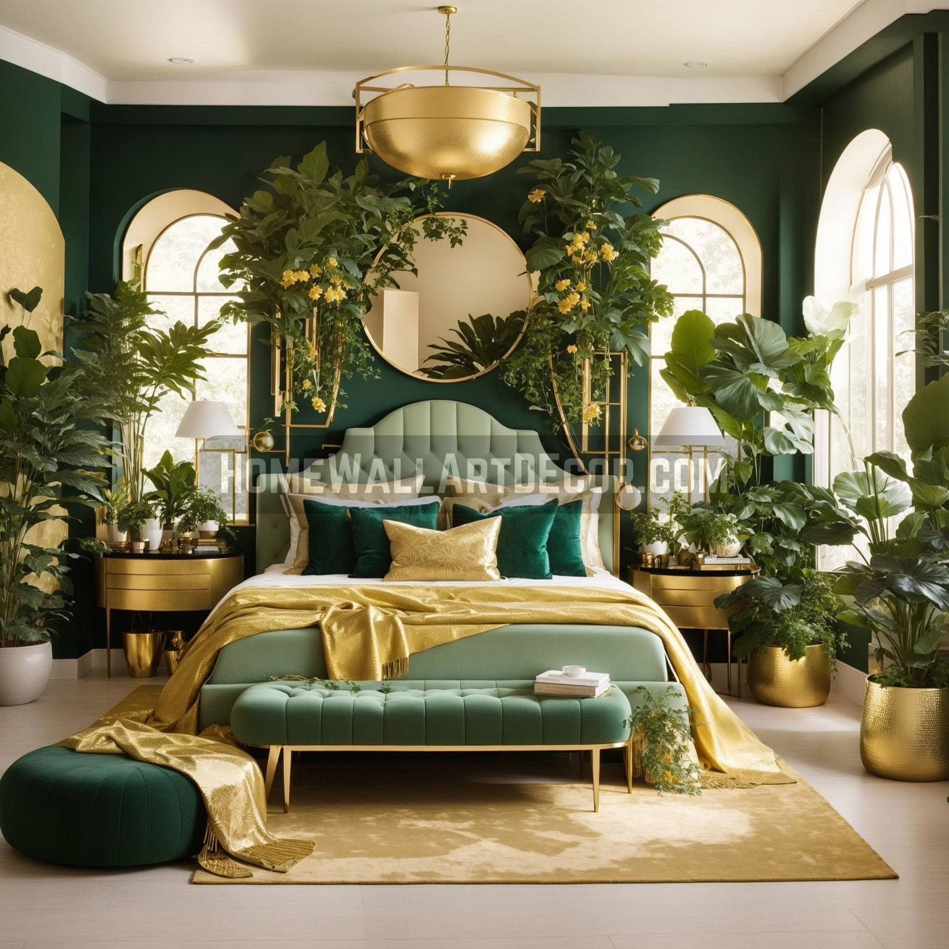 Dream Bedroom featuring the shades of gold and green with complimentary colors and lush plants