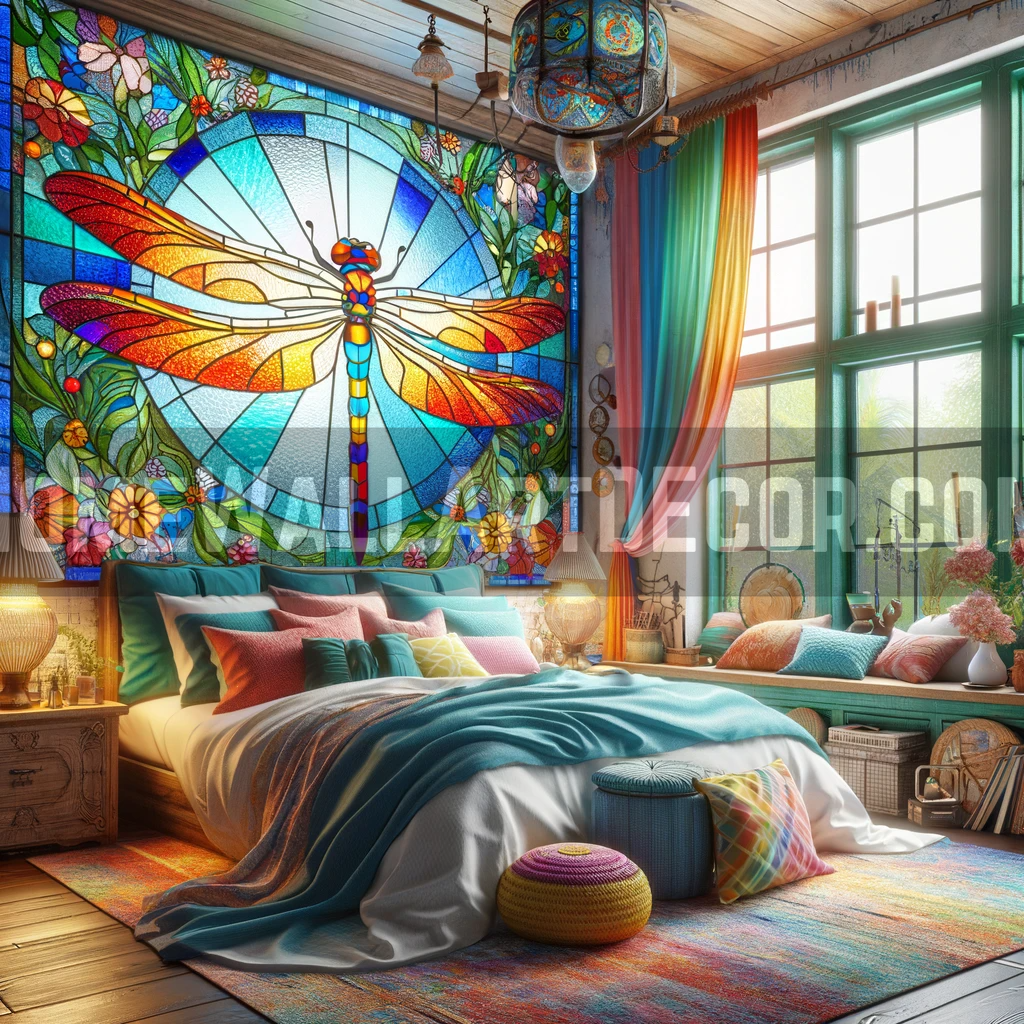 Enchanting Stained Glass Bedroom featuring Dragonfly Wall Art
