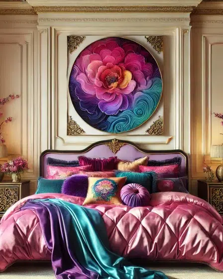 Beautiful Vibrant Floral Bedroom featuring Silk Wall Art