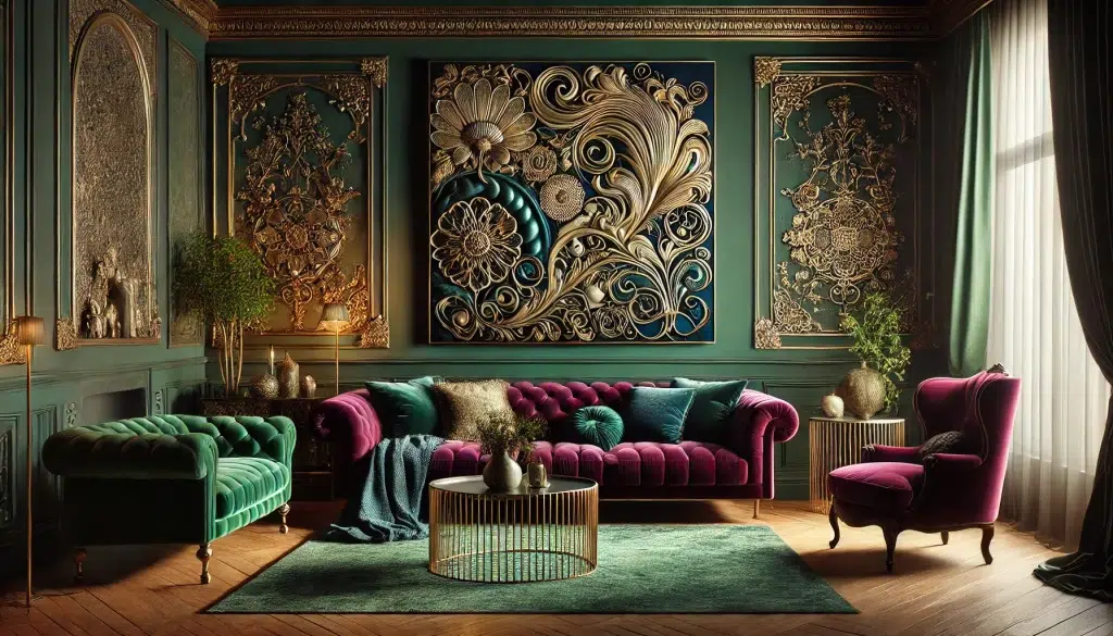 Sophisticated Elegance: A Moody Living Room with Striking Silk Wall Art