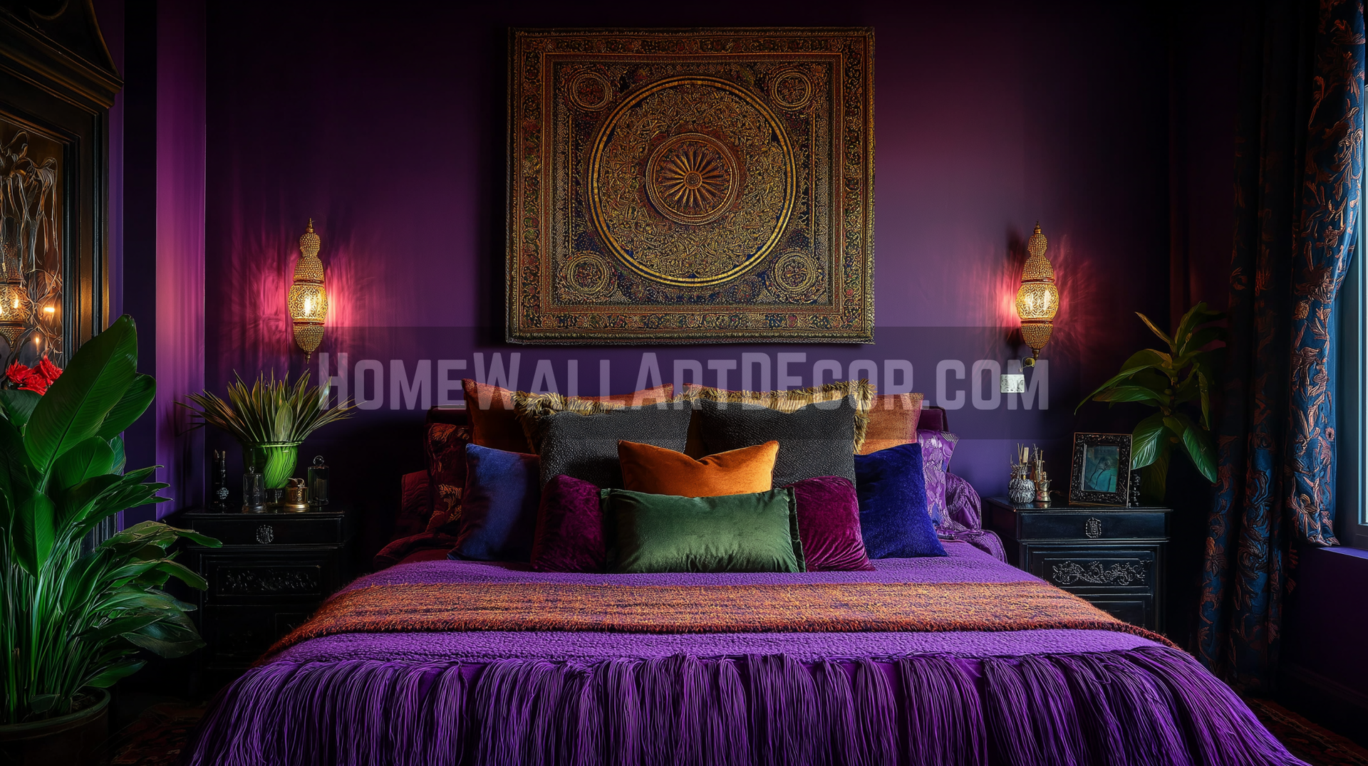 Luxurious Moody Purple Bedroom Featuring Silk Wall Art